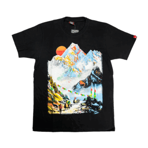 Cotton Black Nepali T-Shirt – Mountain, Hills & Sunrise Design
